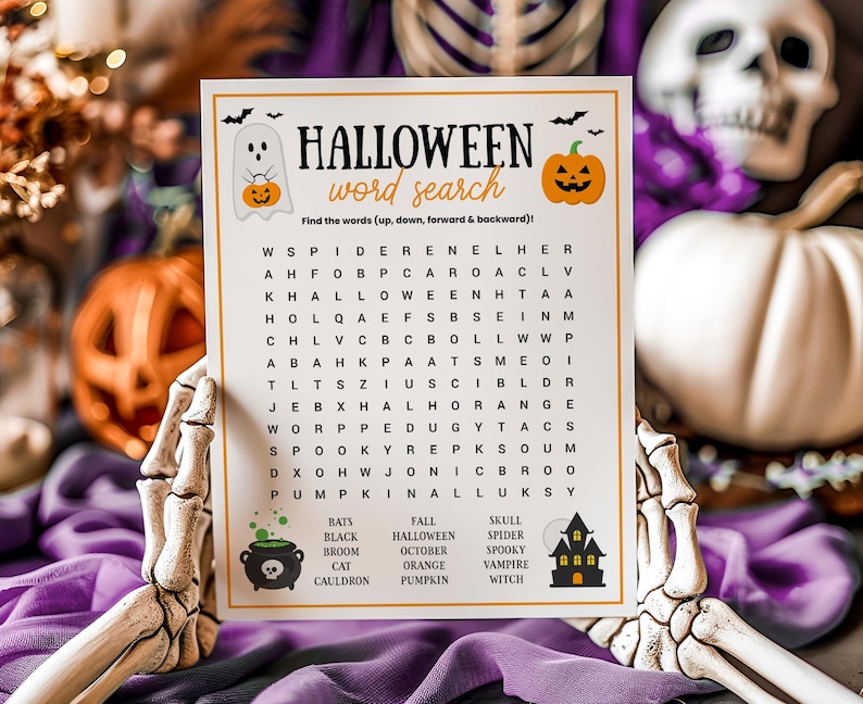 May include: A printable Halloween word search puzzle featuring a spooky ghost and pumpkin. The puzzle includes words like spider, bat, broom, cauldron, and witch.