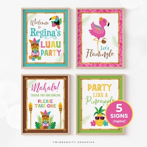 Printable tropical luau party signs decorated with tropical flowers, tiki masks, and a pineapple in bright colors like blue, pink, green, yellow, orange, and brown. The text on the signs reads: "Welcome to Regina's Luau Party", "Let's Flamingle", "Mahalo! Thank you for coming. Please take one", "Party Like a Pineapple", and "Snack Shack".