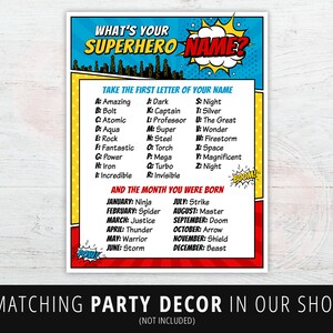 May include: Superhero name generator poster with a comic book theme. The poster features the text "What's Your Superhero Name?" and lists names based on the first letter of your name and birth month. The poster is in shades of blue, yellow, and red.