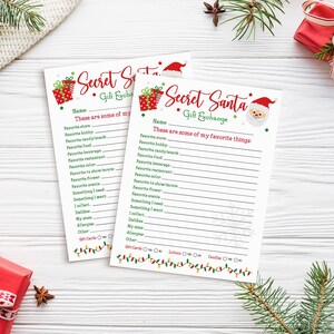 Secret Santa Gift Questionnaire Printable.
