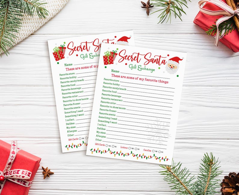 Secret Santa Gift Questionnaire Printable.