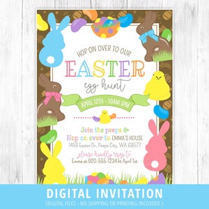 May include: A digital invitation for an Easter egg hunt. The invitation features a brown background with colorful Easter-themed graphics, including bunnies, jelly beans, and a basket of eggs. The text reads "Hop on over to our Easter egg hunt, April 12th, 10am-1pm. Join the peeps & hop on over to Emma's house, 1458 Easter Dr., Peeps City, WA 68577. Please kindly RSVP to Emma at 920-555-1234 by April 1st."