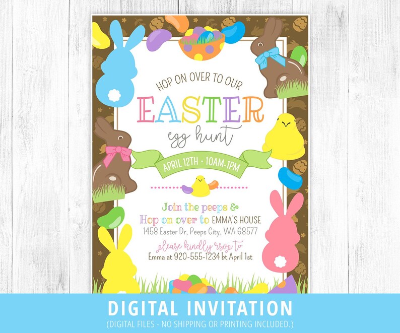 May include: A digital invitation for an Easter egg hunt. The invitation features a brown background with colorful Easter-themed graphics, including bunnies, jelly beans, and a basket of eggs. The text reads "Hop on over to our Easter egg hunt, April 12th, 10am-1pm. Join the peeps & hop on over to Emma's house, 1458 Easter Dr., Peeps City, WA 68577. Please kindly RSVP to Emma at 920-555-1234 by April 1st."