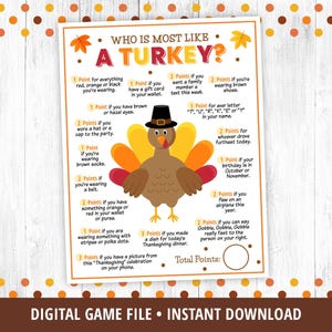 Puede incluir: Un juego de Acción de Gracias imprimible con una ilustración de pavo de dibujos animados. El juego pregunta "¿Quién es más como un pavo?" y enumera varias preguntas con puntos asignados a cada respuesta. El juego incluye un espacio para calcular el total de puntos.