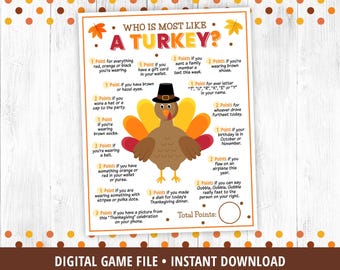 Who Is Most Like A Turkey Game, Thanksgiving Games, Family Thanksgiving Game, Dinner Table Game, Office Party Game, Kids Adults, PRINTABLE