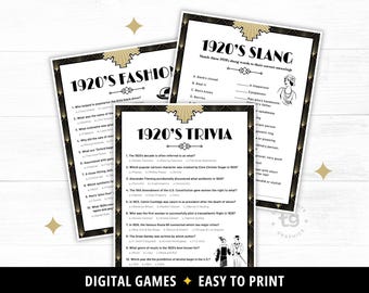 以下が含まれることがあります： 「1920's Fashion」、「1920's Slang」、「1920's Trivia」と題された3枚の印刷可能なゲームシート。各シートには黒と金の装飾アールデコ調の枠線、扇形の装飾モチーフ、1920年代に関する多肢選択問題やマッチング課題が記載されています。