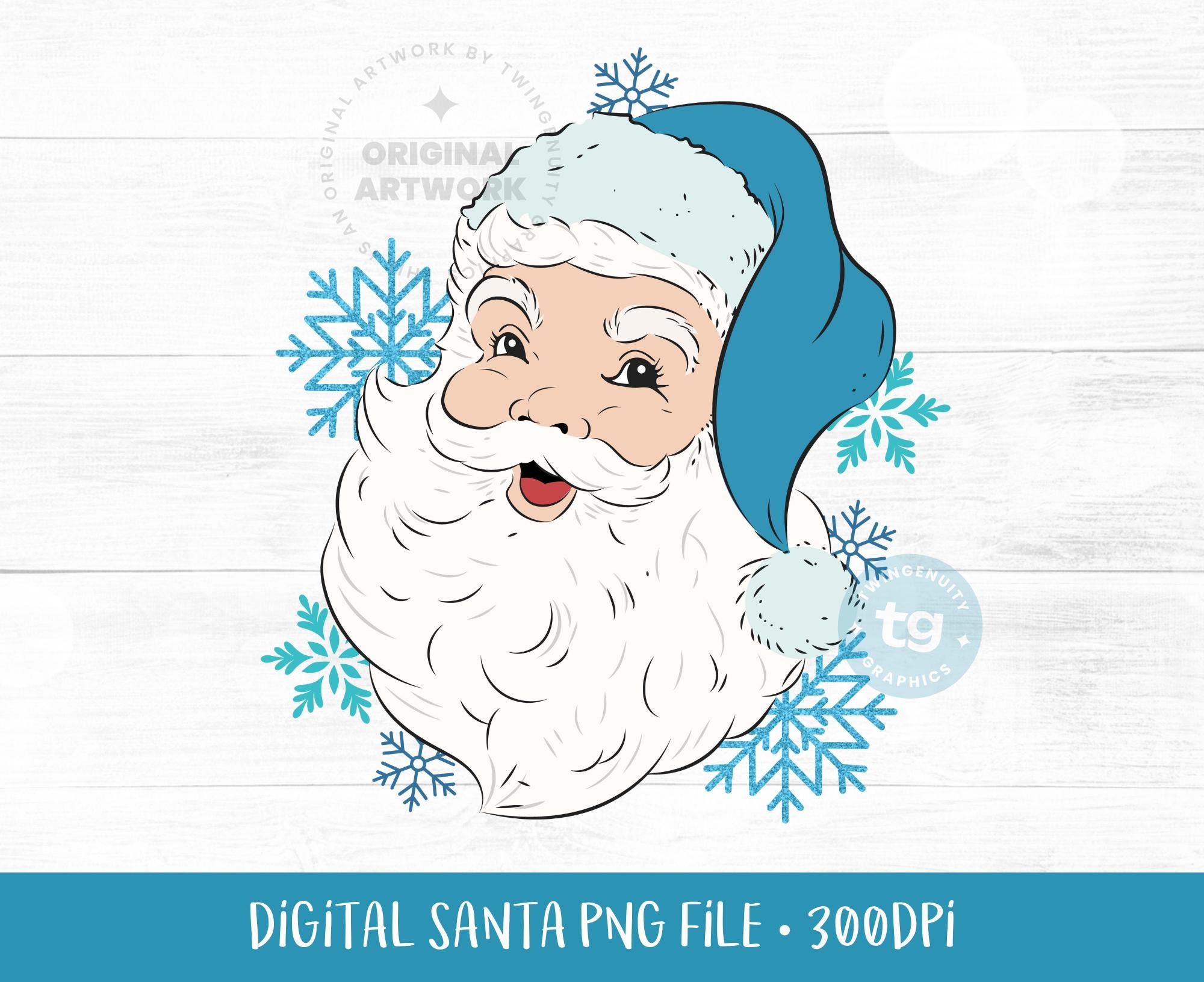 Retro Blue Santa Sublimation PNG: Christmas Clipart for Shirts (Digital Download, 12x12in, 300dpi)
