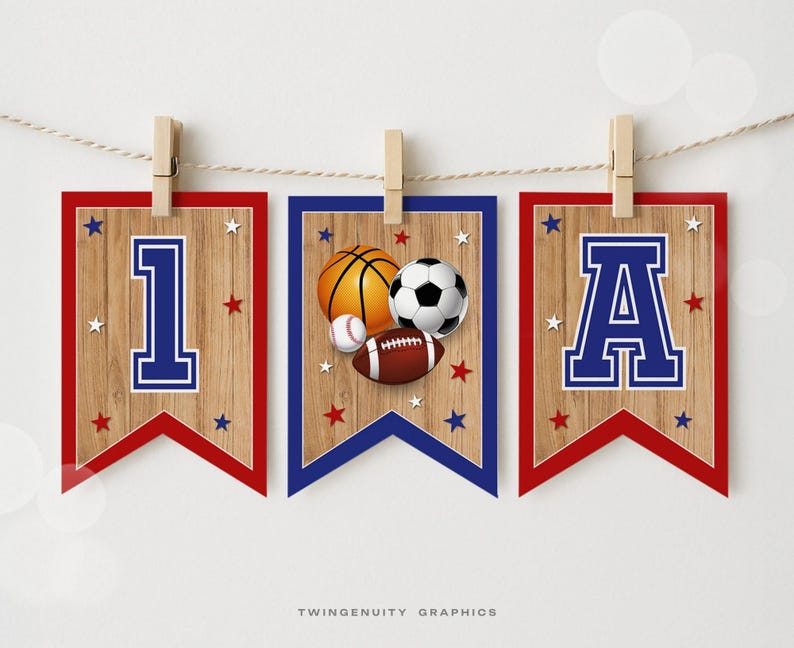 Three printable 5x7 inch flags hanging . The flags feature a variety of sports balls, including a basketball, soccer ball, baseball, and football. The other ones include the number one and the letter A.