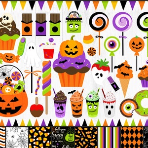 Clipart de bonbons d'Halloween, des bonbons d'Halloween et des friandises, des cliparts de petits gâteaux d'Halloween, des friandises d'Halloween, des bonbons au maïs, des citrouilles, PNG