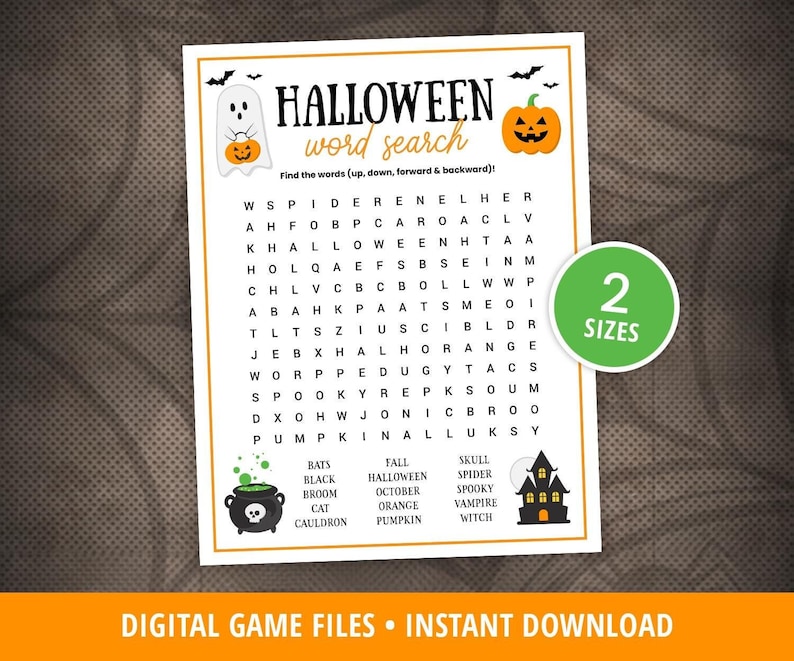 May include: A printable Halloween word search puzzle with a green and white ghost, a pumpkin, and a cauldron. The puzzle includes words like "bats", "black", "broom", "cat", "cauldron", "fall", "halloween", "october", "orange", "pumpkin", "skull", "spider", "spooky", "vampire", and "witch".
