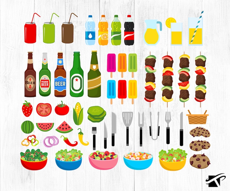 May include: A collection of colorful illustrations of food and drinks for a summer barbecue or picnic.  The illustrations include red, green, and brown cans of soda, a blue bottle of water, a yellow bottle of juice, a black bottle of soda, a yellow pitcher of lemonade, two glasses of lemonade, a brown bottle of beer, a green bottle of beer, a blue bottle of beer, a green bottle of beer, a brown bottle of beer, a set of five colorful popsicles, five skewers of grilled meat, a strawberry, a tomato, an ear of corn, a cucumber, a watermelon, a red bell pepper, an onion, a green chili pepper, a salad in a red bowl, a salad in a green bowl, a salad in a pink bowl, a salad in a blue bowl, a salad in a yellow bowl, a spatula, a fork, a pair of tongs, a knife, and three chocolate chip cookies.