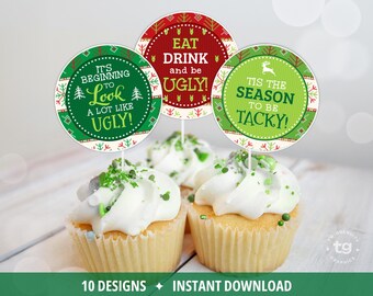 Ugly Sweater Cupcake Toppers, Ugly Sweater Party Supplies, Tags, Tacky Christmas Sweater Party, Decor, DIGITAL
