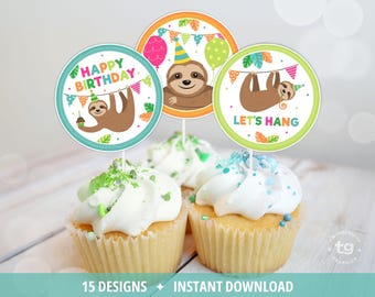 Sloth Cupcake Toppers, Sloth Birthday Party Decor, Sloth Stickers, Cake Topper, Party Favors, Printable, DIGITAL