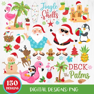 May include: A set of 150 digital designs featuring a Christmas theme with a tropical twist. The designs include Santa Claus, penguins, palm trees, pineapples, and a snowman. The text "Jingle Shells" and "Deck the Palms" are also included.