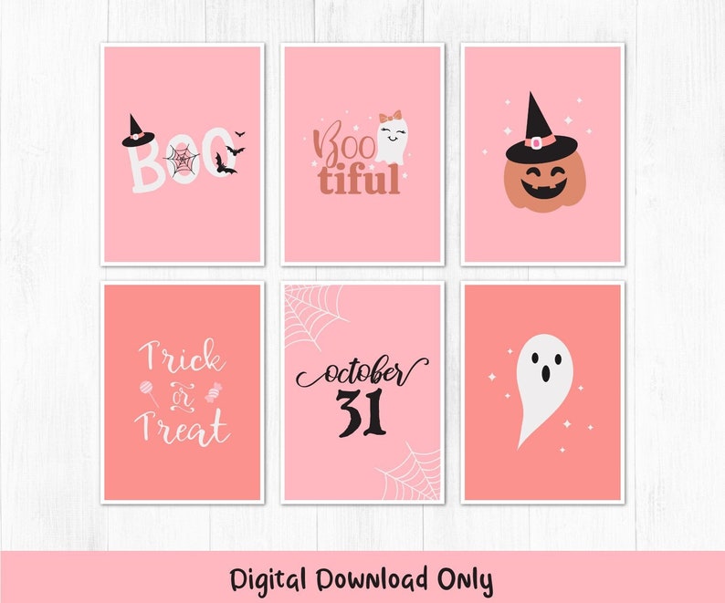 Peut inclure: Six cartes imprimables sur le th&egrave;me d'Halloween de couleur rose et p&ecirc;che avec diff&eacute;rents motifs. Les cartes pr&eacute;sentent un fant&ocirc;me, une citrouille, une toile d'araign&eacute;e et le texte "Boo-tiful", "Boo", "Trick or Treat", "October 31", et "Boo".