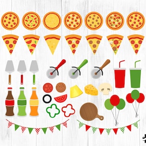 May include: A set of pizza party clipart featuring pizza slices, whole pizzas, pizza cutters, red and green drinks, balloons, and party flags.