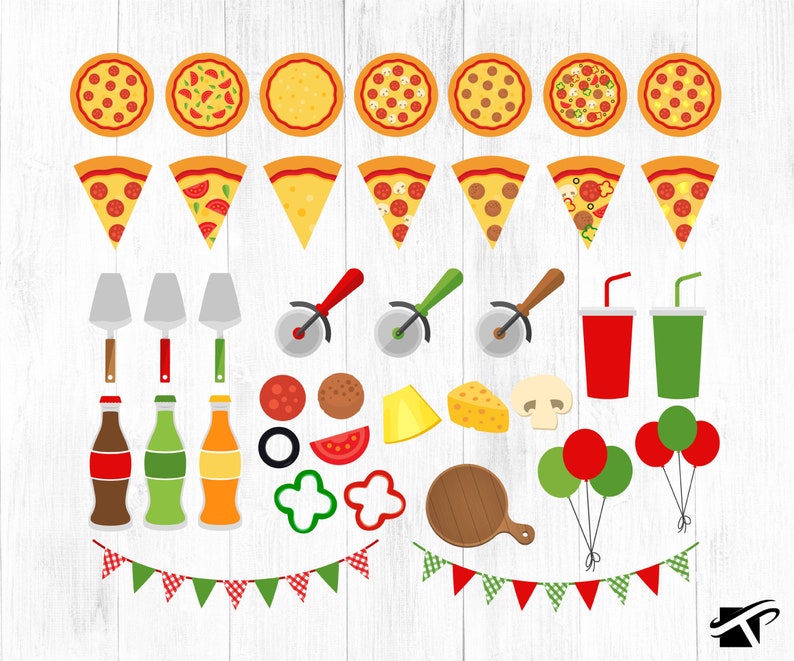 May include: A set of pizza party clipart featuring pizza slices, whole pizzas, pizza cutters, red and green drinks, balloons, and party flags.
