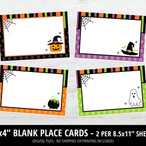 May include: Four printable 6x4 inch blank place cards with Halloween themes. Each card features a different Halloween icon: a witch's hat with a pumpkin, a witch's hat with bats, a cauldron with green smoke, and a ghost.