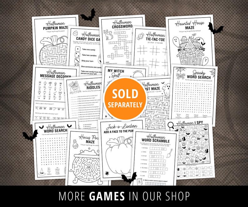 May include: A collection of 12 printable Halloween-themed games for kids. The games include a pumpkin maze, candy dice game, crossword puzzle, tic-tac-toe, haunted house maze, message decoder, riddles, a witch spell, ghost maze, word scramble, word search, and I Spy. The games are black and white and are sold separately.