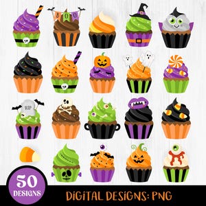 Clipart de petits gâteaux d'Halloween, mignons petits gâteaux d'Halloween, Clipart de friandises d'Halloween, fantasmagorique fantôme citrouille chauves-souris araignée Cupcakes, Dessert, artisanat PNG