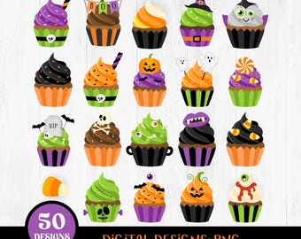Halloween Cupcakes Clipart, Cute Halloween Cupcakes, Halloween Treats Clipart, Spooky Ghost Pumpkin Bats Spider Cupcakes, Dessert, Craft PNG