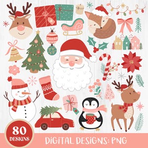 Joli clipart Noël, Boho Noël rose, Clipart Noël, clipart vacances, père Noël, hippie, hiver, plat moderne, rouge, numérique PNG