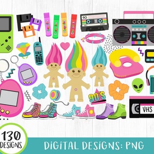 90's Clipart, 90s Clipart Bundle, 1990, 90s Party, Retro 90s, Neon, Digital Graphics, Cassette Tape, VHS, Scrunchies, Retro Decade, PNG