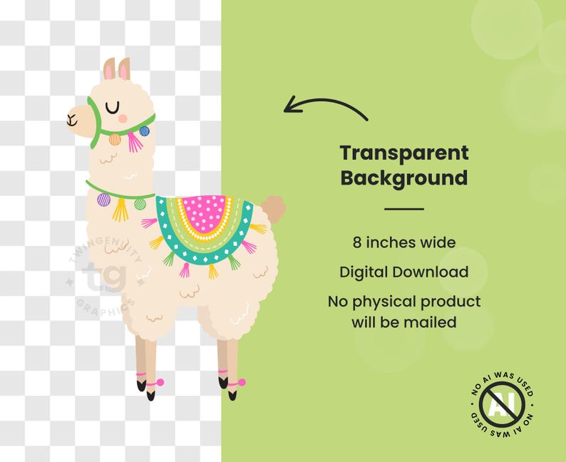 One of the llama clipart is shown against a transparent background and a colored background to show that the clipart has a transparent background. The text says "Transparent background, 8 inches wide, no physical products will be mailed." In the bottom corner there is a "no AI" badge.