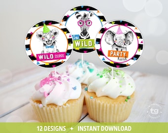 Partytiere Cupcake Topper, Safari Zoo Tiere Geburtstagsparty Dekor, Wild One, Neon, DIGITAL