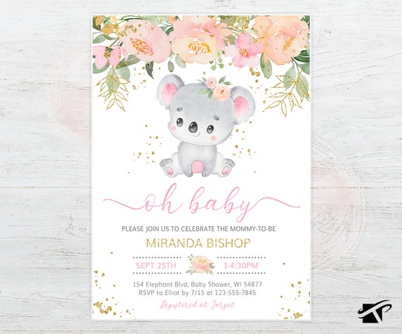 Koala Baby Shower Invitation Girl Girly Blush Floral Koala - Etsy