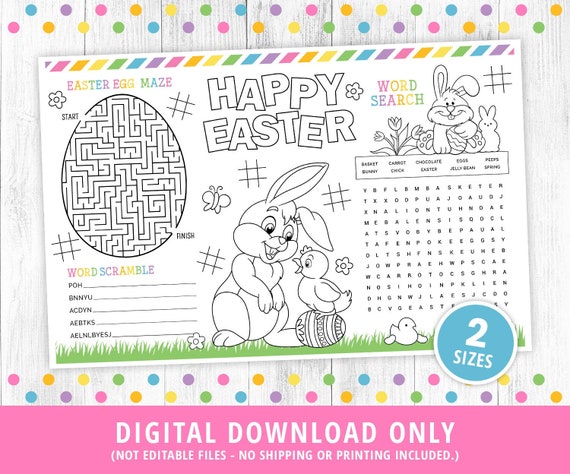 Easter Placemat, Kids Easter Coloring Placemat, Easter Games, Easter Activities, Easter Bunny Coloring Page, Easter Party, Printable DIGITAL
