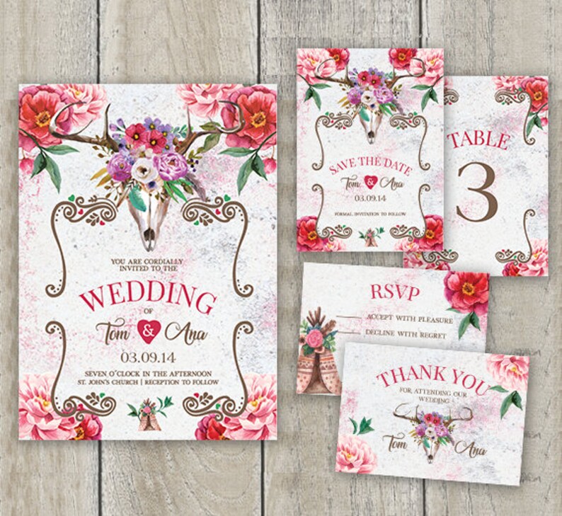 Boho Wedding Invitation Kit \u2022 Boho Wedding Save the Date \u2022 Boho Skull Wedding Invites \u2022 Rustic Wedding \u2022 Boho Floral Wedding \u2022Tribal Wedding