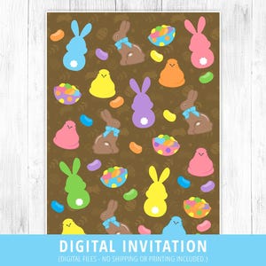 May include: A digital invitation featuring a brown background with a repeating pattern of pastel colored bunnies, jelly beans, and Easter baskets. The text "DIGITAL INVITATION" is at the bottom of the image.