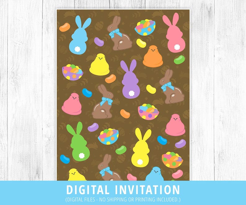 May include: A digital invitation featuring a brown background with a repeating pattern of pastel colored bunnies, jelly beans, and Easter baskets. The text "DIGITAL INVITATION" is at the bottom of the image.