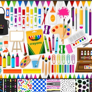 200 Art Supplies Clipart and Patterns, Art Clipart, Painting Clipart, Crayons, Markers, Color Pencils, Art Party, School Supplies, PNG