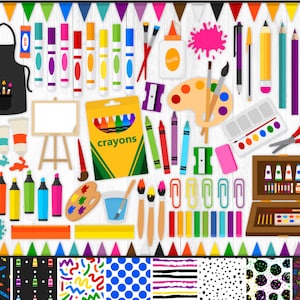 200 Art Supplies Clipart and Patterns, Art Clipart, Painting Clipart, Crayons, Markers, Color Pencils, Art Party, School Supplies, PNG image 1