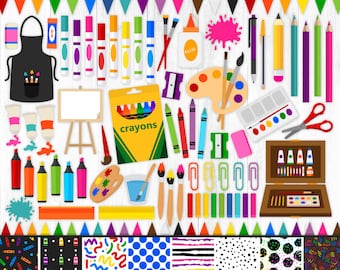 200 Art Supplies Clipart and Patterns, Art Clipart, Painting Clipart, Crayons, Markers, Color Pencils, Art Party, School Supplies, PNG