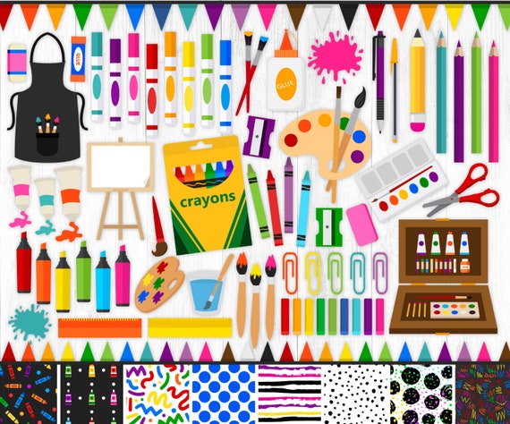 200 Art Supplies Clipart and Patterns, Art Clipart, Painting Clipart,  Crayons, Markers, Color Pencils, Art Party, School Supplies, PNG 