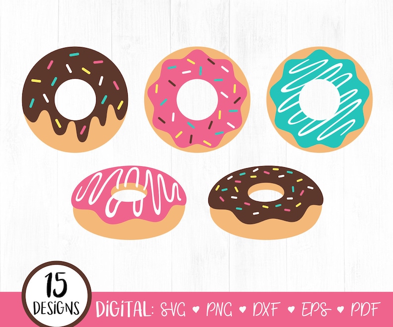 May include: Five different donut designs with various toppings, including chocolate, sprinkles, and frosting. The donuts are all in a cartoon style and are perfect for crafting projects.