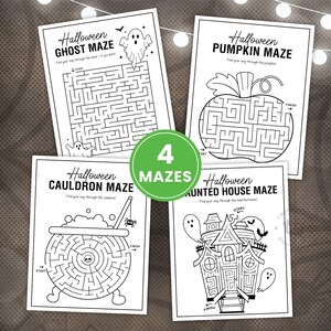 Showing all four Halloween related maze designs in black and white, in shapes of a pumpkin, cauldron, square with ghosts and a haunted house.