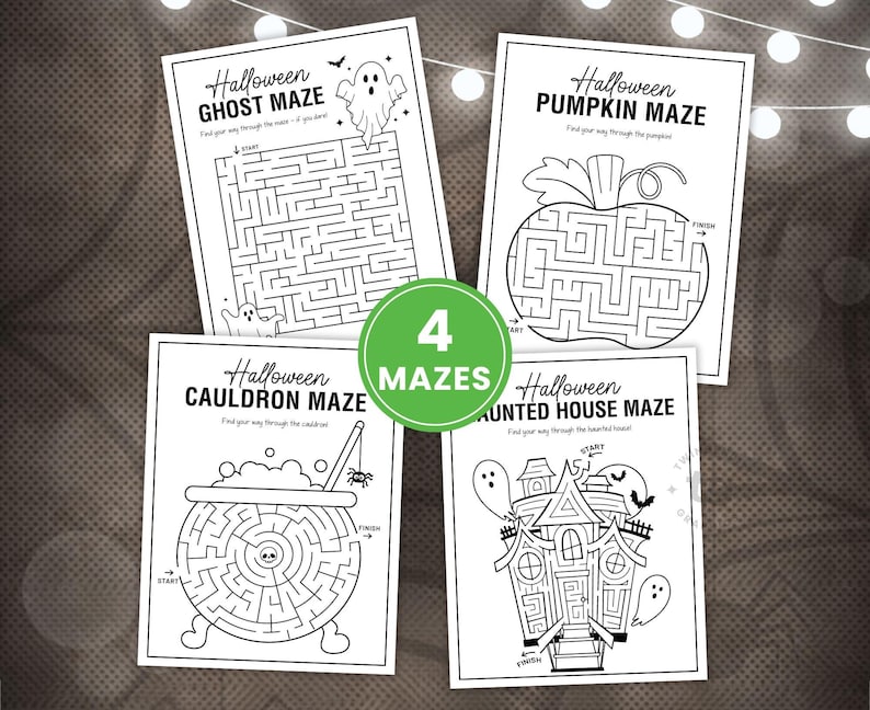 Showing all four Halloween related maze designs in black and white, in shapes of a pumpkin, cauldron, square with ghosts and a haunted house.