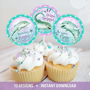 Dolphin Cupcake Toppers, Dolphin Birthday Party Decorations, Under the Sea Pool Party, Printable DIGITAL