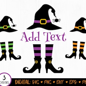 May include: Three witch hat and leg designs in black, green, purple, and orange with spiders and the text "Add Text".