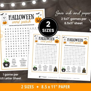 The Halloween trivia game is available in two sizes. One game per eight point five by eleven inches (US letter size) and two games per sheet.