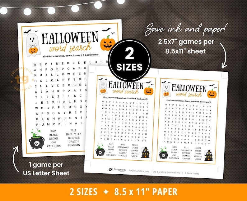 The Halloween trivia game is available in two sizes. One game per eight point five by eleven inches (US letter size) and two games per sheet.