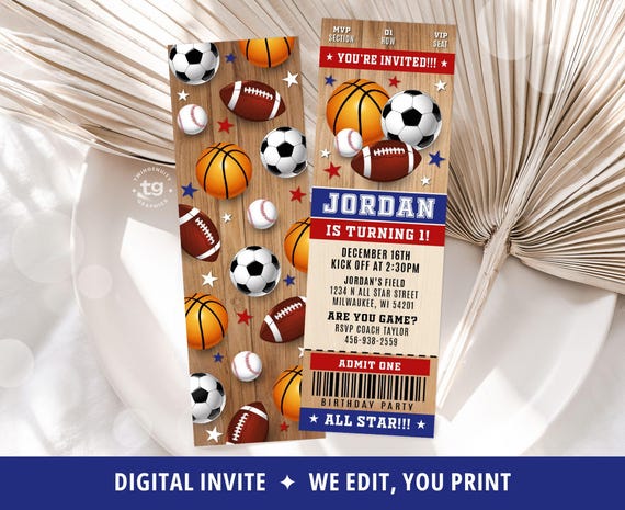 Sports Ticket Invite, Sports Invitation, Sports Birthday Party Invite, Sports invite, All Star Birthday Invite, Wood, Printable DIGITAL