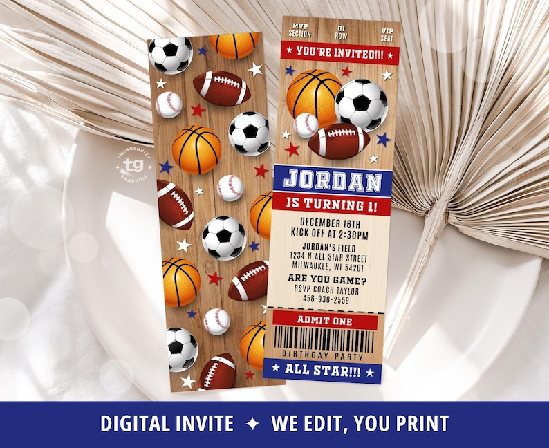 A sports ticket birthday invitation with a wood background, red, blue and white colors and sports balls (basketball, soccer, football and baseball).