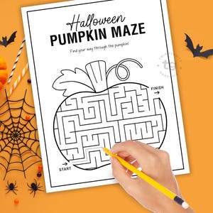 May include: A black and white Halloween pumpkin maze on white paper. The maze is in the shape of a pumpkin with the words "Halloween PUMPKIN MAZE" at the top. A hand is holding a yellow pencil, tracing the maze. Decorative bats, spiders, and a pumpkin are on an orange background.