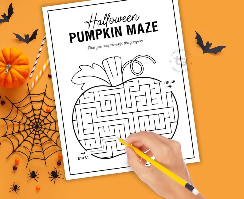 May include: A black and white Halloween pumpkin maze on white paper. The maze is in the shape of a pumpkin with the words "Halloween PUMPKIN MAZE" at the top. A hand is holding a yellow pencil, tracing the maze. Decorative bats, spiders, and a pumpkin are on an orange background.