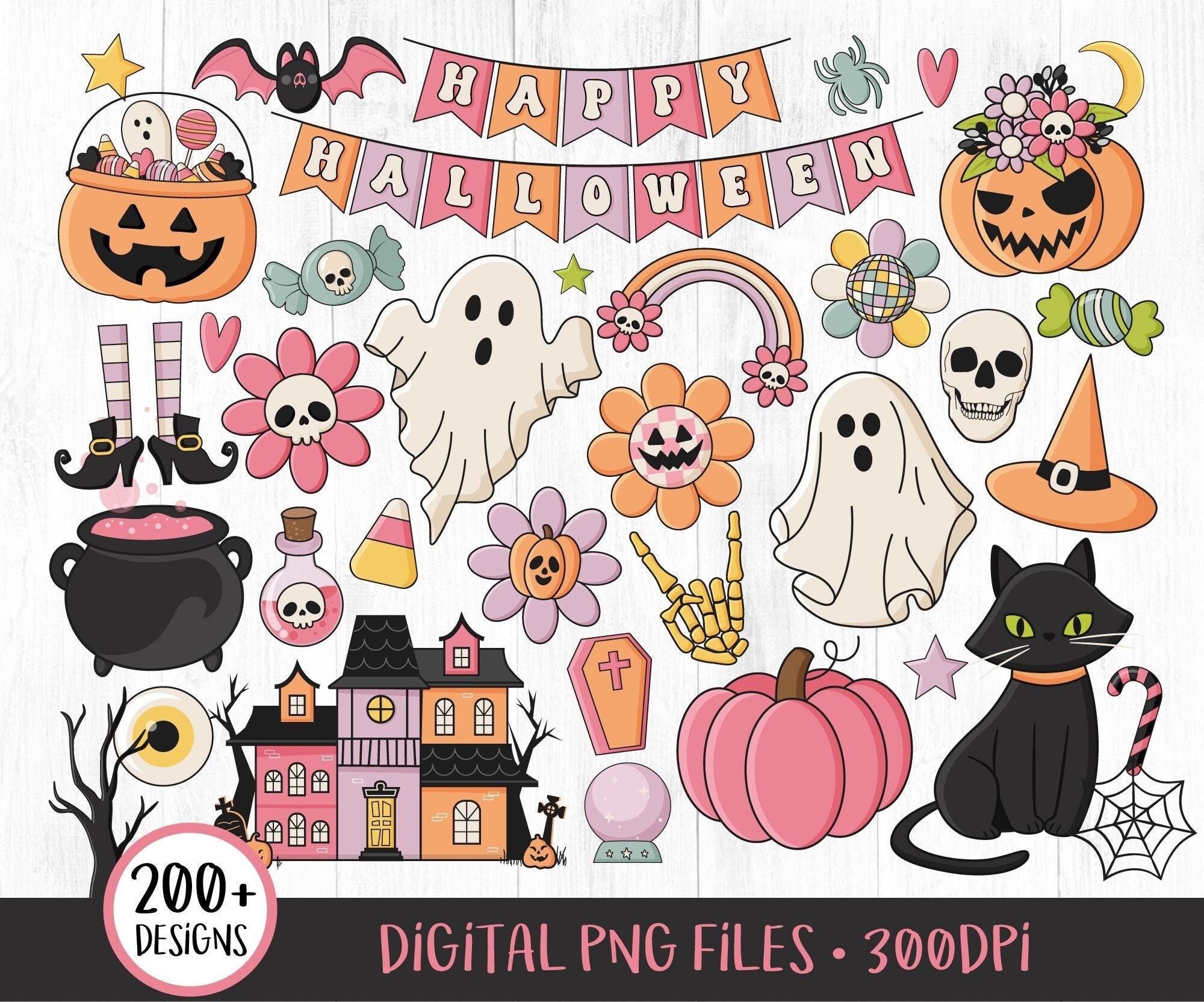 Retro Halloween Pink Clipart, Cute Groovy Halloween Clipart Spooky, Witch, Pumpkin, Ghosts, Candy, Witch Feet, Vintage, PNG Files Digital